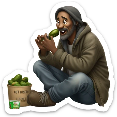 A homeless man eating a pickle sticker