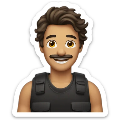 A stereotypical Portuguese young man waving with a big smile, a mustache and a brown mullet, wearing a black t-shirt and a chest vest sticker