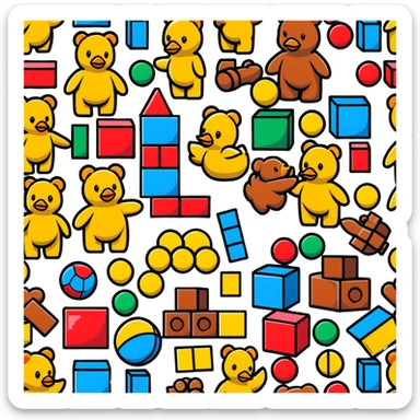 Colorful toys scattered together - teddy bear, rubber duck, toy blocks, ball, and action figures sticker