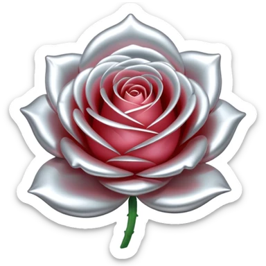 A rose emoji made of liquid silver metal, smooth metallic petals, reflective chrome surface, soft gradients, elegant shape, minimalistic iOS emoji style, centered, clean white background, realistic highlights, no text sticker