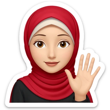 The character gently waves her hand in a slow friendly motion, warm welcoming smile, soft sparkle animation around her, red hijab accents flowing slightly, calm and kind expression, text below in rounded 3D font: “Assalamu alaykum”
🎞 Animation idea: hand wave + eye blink sticker