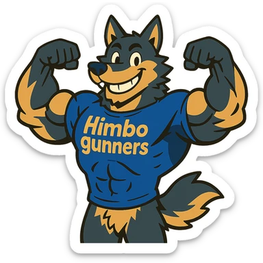 extremely muscular wolf furry with exaggerated muscles, wearing a t-shirt that says 'Himbo gunners', flexing pose, big friendly grin sticker