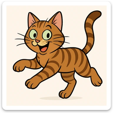 Transform the jumping European shorthair cat into a tabby cat in a cartoon style with a playful expression, keeping the white background. sticker