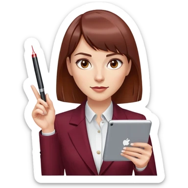 Gender: Female Hair: Sleek chestnut lob cut with blunt bangs Face: Confident smirk, one eyebrow arched higher Clothes: Tailored burgundy blazer, tablet stylus behind ear Action: Laser pointer beam from index finger hitting "Slide 87" sticker