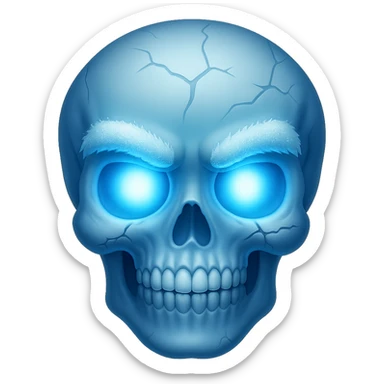 Add glowing eyes to the skull with frosty eyebrows and blue tint. The image should have no background. Keep the frosty eyebrows and blue tint style on the skull. sticker