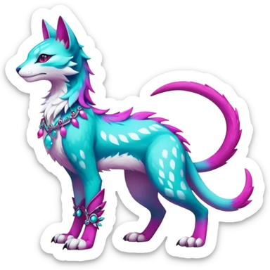 Kawaii colorful iridescent turquoise and magenta and white beautiful pretty elegant divine edgy fantasy feline-vernid-sergal-Fakémon-Pokémon-fursona-animal-creature with accessories, full body, with intricate detailed markings sticker
