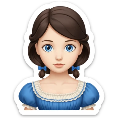 Blue-eyed brunette, wearing 1800s style dress curtsing sticker