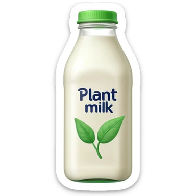 A 3D cartoon bottle of plant-based milk identical to dairy milk, small green tint or leaf mark, Memoji-style. sticker