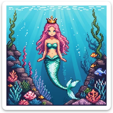 Dark brown skin mermaid princess with crown and shimmering tail in underwater kingdom sticker