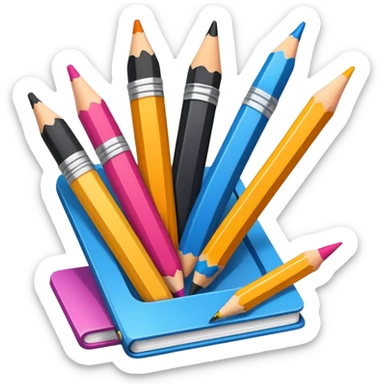 vibrant and detailed icon symbolizing cartooning. The design should feature elements like a pencil, a sketchpad with exaggerated caricatured faces or figures and artistic tools like ink bottles or markers. Use bold, bright colors to reflect the playful of caricature art. transparent background sticker