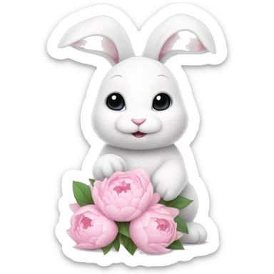 cute white bunny holding light pink peonies sticker