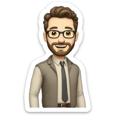 Joyful Full height Pale skinned Fit Man With dark brown hair in gray jacket, beige office shirt, Brown pants and vintage glasses. His thrumbs up, small beard sticker