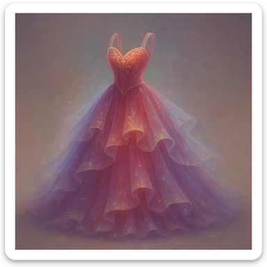 Transform this red ballgown into an even more fancy, ethereal, and mystical dress, combining fantasy and Disney princess elements. Add magical sparkles, flowing layers, and a dreamy, otherworldly aura. Style should reflect a fantasy Disney princess look with ethereal and mystical qualities. sticker