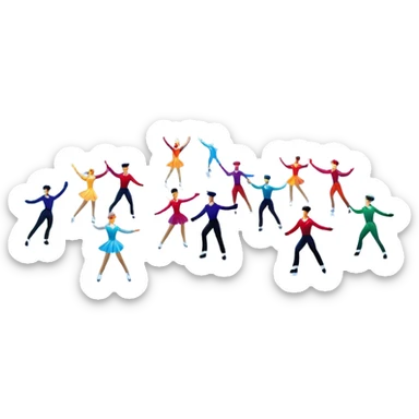 An icon of a theatrical ice show with close-up costumed figure skaters performing a dramatic scene on a glowing ice stage. Spotlights, colorful scenery, and a cheering audience in a grand arena convey the magic and artistry of the ice performance. Transparent background included. sticker