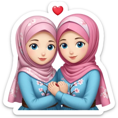 Two friendly Turkish girls beautiful finish Konya blue eyes with cherry blossom hijab and heart dress and hugs  sticker