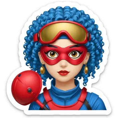 blue curly haired paintball playergirl with huge earrings, wearing red paintball eye mask helmet sticker