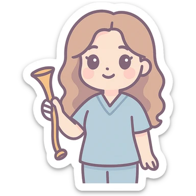 A kawaii style girl with appearance and clothing as in the reference, holding an obstetric stethoscope in one hand, the other hand down. Detailed shadows and highlights, thin clean contours, soft rounded shapes, pastel palette #98B5BC, #B5B3C1, #C9A3C9, #E4C0CA, #F7DCD1, #F7C0AA, soft lighting, transparent background, no decorative elements. sticker