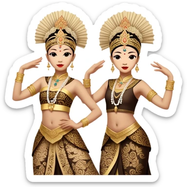 ​Cinematic Realistic Traditional Javanese Dancers, depicted as two graceful dancers in ornate traditional costumes with intricate batik patterns and elaborate headpieces, captured in dynamic poses during a ritual dance in an ancient temple courtyard, rendered with soft golden lighting and rich cultural textures, sticker