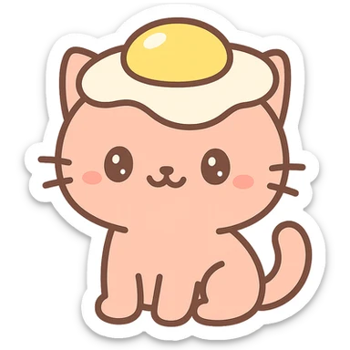 cartoon cat with a sunny side up egg as a hat, cheerful expression, playful and colorful sticker