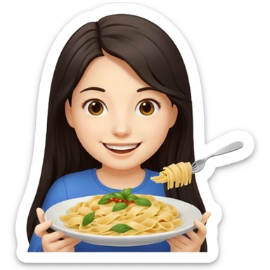 chica joven con piel clara y pelo oscuro largo comiendo un plato de pasta que parezca un emoji de iphone (sistema ios) sticker