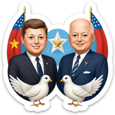 John F. Kennedy and Mikhail Gorbachev side by side, smiling, friendly diplomatic atmosphere, small peace symbols and doves, US and USSR flags as accents sticker