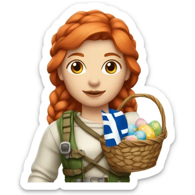red hair female winter mountaineer with Greek flag and easter basket sticker