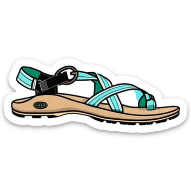 Chaco sandal with toe loop, black footbed, light blue and light green straps sticker