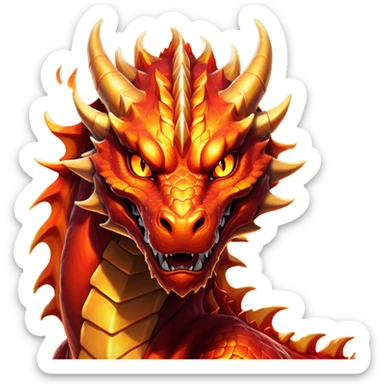 Cinematic Noble Fierce Fire Dragon Portrait Emoji, Poised and imposing, with a muscular, scaled body ablaze in fiery hues of crimson, molten orange, and molten gold, and intense, burning eyes that mirror the heart of a volcano; rendered with lifelike texture and dynamic natural highlights, high shine, formidable and intense, styled with an aura of scorching mythic power, focused and resolute, soft glowing outline, capturing the essence of a legendary inferno poised to ignite the screen with timeless ferocity! sticker