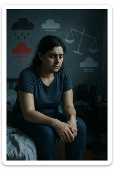 Donna tra i 25 e i 35 anni seduta da sola in una stanza, con lo sguardo basso e un’espressione di frustrazione e stanchezza. Sul volto si notano peli visibili sul mento e sopra il labbro, simbolo di irsutismo. Intorno a lei, l’ambiente appare disordinato, con luci fredde e atmosfera pesante. In trasparenza, simboli stilizzati di sbalzi d’umore (nuvole scure e rosse alternate a simboli di calma), e una bilancia emotiva sbilanciata. Le mani stringono le gambe, in gesto di disagio fisico ed emotivo. Colori cupi con accenti contrastanti. Stile realistico con elementi simbolici sticker