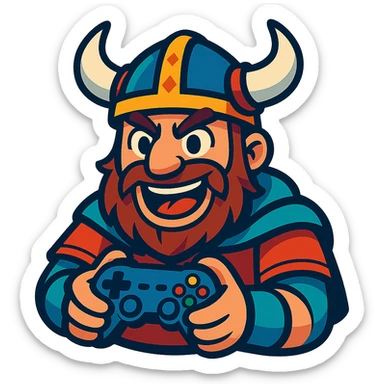 viking gamer, modern cartoon style, detailed helmet, game controller, energetic expression sticker
