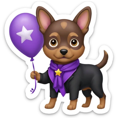 Dog hold purple star shape balloon, black jacket sticker