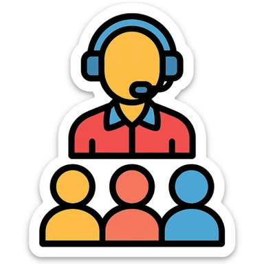 travel guide with microphone, attentive group of people, color outline icon sticker