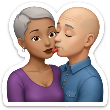Tan bald man kissing brown woman with short grey hair sticker