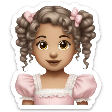 light skin toddler girl with brown eyes and brown curly hair in two pigtails wearing a baby pink lolita dress with baby blue hair bows sticker