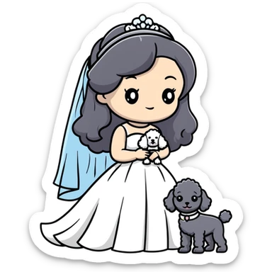 A beautiful girl with long black hair in a wedding dress holds a small gray poodle sticker