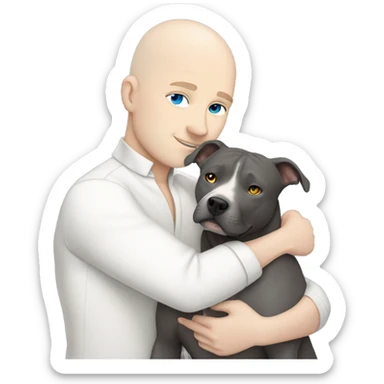 white bald man with blue eyes hugging dark grey no white pit bull sticker