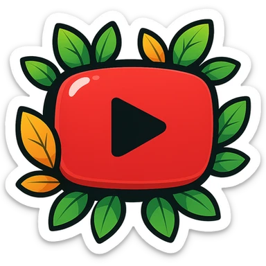 Plump, smooth YouTube logo in vibrant toon style with thick black outline, expressive solid shadows, glossy highlights, surrounded by bright leaves, no background. Emphasize rounded shapes, contours, and shine, matching the reference style, but keep the look flat and drawn, not balloon-like. sticker