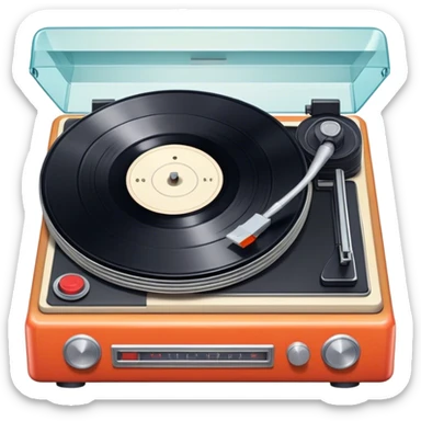 Icon for Vinyl Record Collecting: a stack of vintage vinyl records, with a turntable needle on one record, and a retro record player nearby. The icon should convey the nostalgia and passion for collecting vinyl records. Transparent background. sticker