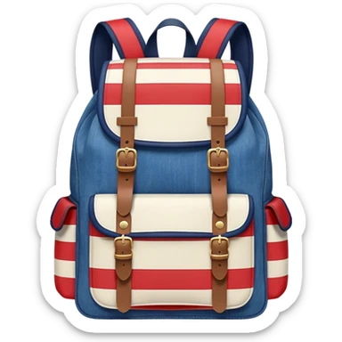  blue denim backpack with red, white, and navy stripes, similar to a Tommy Jeans design. Minimalistic, cartoon-like, front-facing."
 sticker