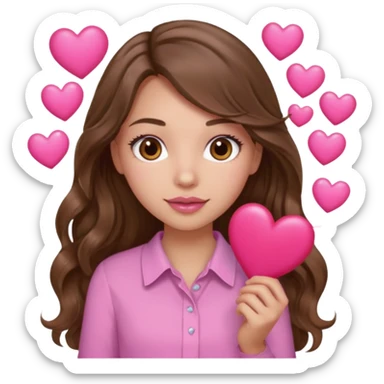 girl with long wavy brown hair, brown eyes, light to medium complexion, in a pink shirt, pink lips, long lashes, many  hearts in hand sticker