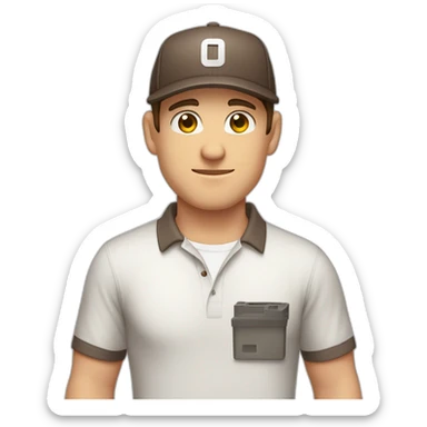 Pale skinned fit Man with dark brown hair in a light gray cap, dark brown jeans, brown polo and white T-shirt keeping a pasted with tape white box into his hands sticker