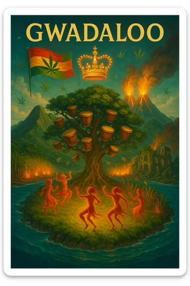 “Depict a mystical reimagining of Guadeloupe, a sacred French Caribbean island renamed Gwadaloo in spiritual rhythm. The landscape blends lush green mountains, twin volcanoes erupting golden light, and deep turquoise sea. In the center stands a legendary Drum Tree — its branches grow carved wooden drums instead of fruit, and glowing ancestral spirits dance around it in a circle of rhythm. Sugarcane fields burn gently in the background, symbolizing the release of colonial pain, while ganja leaves drift in the wind like blessings. Overhead, a sacred ganja-leaf flag flutters in the sky with red, green, and gold colors. A Creole crown floats in golden light above the island, not on any man’s head, but pulsing to the beat of the land. In the distance, ghostly ruins of colonial buildings crumble into dust, reclaimed by vines and time. Use a vibrant, cinematic color palette with warm golden light, deep greens, glowing reds, and ocean blues. Style the scene as prophetic, surreal, and empowering — a vision of Caribbean sovereignty, rhythm, and soul remembrance." sticker