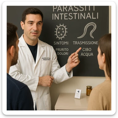 Update the doctor's face to closely resemble the person in the reference photo. Change the diagram or chalkboard text behind the doctor to Italian, keeping the scene educational and respectful about intimate parasites. Maintain a realistic medical setting with a man and a woman listening. The style should remain realistic and medical. sticker