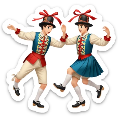 Cinematic Realistic scene of two performers executing a Morris Dance in full traditional costume—with bells, ribbons, and clogs—captured in dynamic motion against a rustic English backdrop and warm, golden lighting sticker