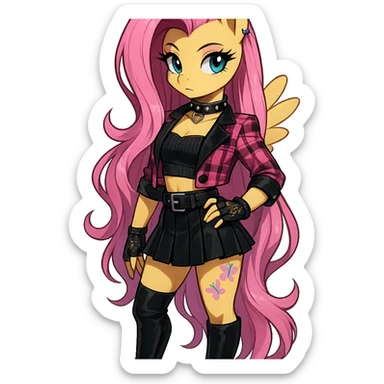 Fluttershy in a Blackpink-inspired style, wearing a trendy outfit, with pink and black accents, transparent background sticker