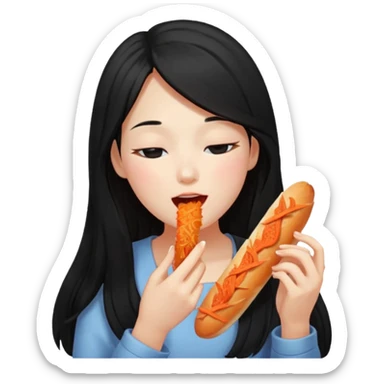 Girl with black long hair eat kimchi close eyes baguette sticker