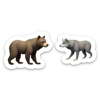 Collage of a bear and a wolf in a beautiful forest, surrounded by tall trees, green foliage, and a serene river. The animals are in their natural habitat, showcasing strength and majesty. A vibrant and peaceful wilderness scene with a transparent background. sticker