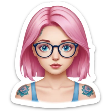  Hyper Realistic model, pale woman, pink balayage hair, blue eyes and glasses, shoulder tattoo  sticker