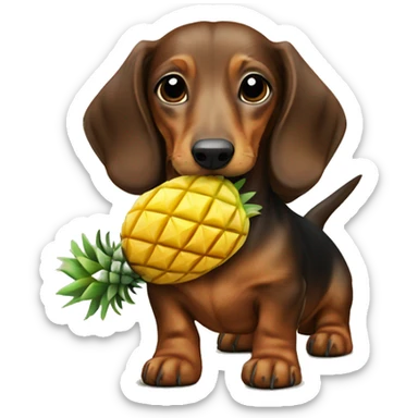 A small brown long haired dachshund dog holding a pineapple in its mouth  sticker