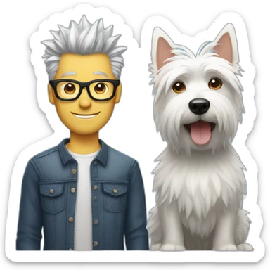 Man with glasses anda spiky hair with westie dog girl sticker